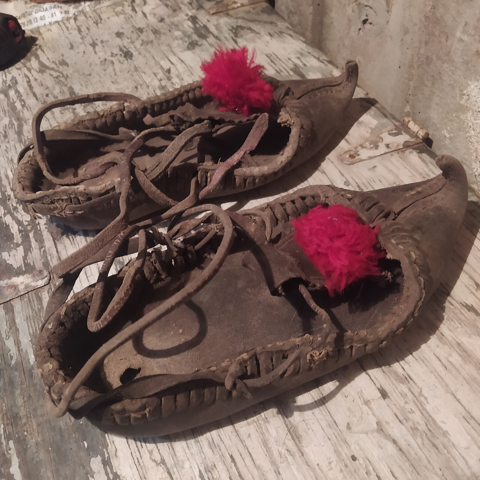Antique European Folk Leather Moccasins Shoes Leather Prop Display 1850 – 1920