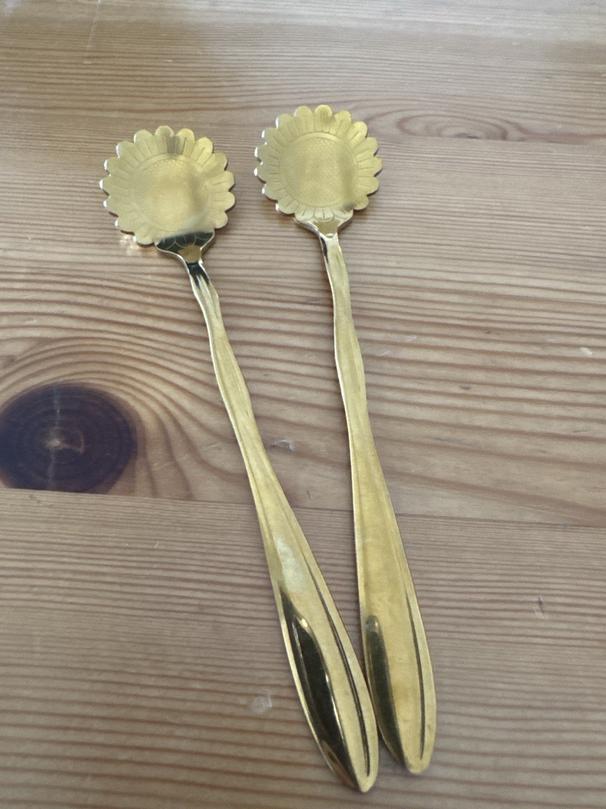 Set of 2 Gold Plated Sunflower Tea Spoons Floral Scalloped Vintage
