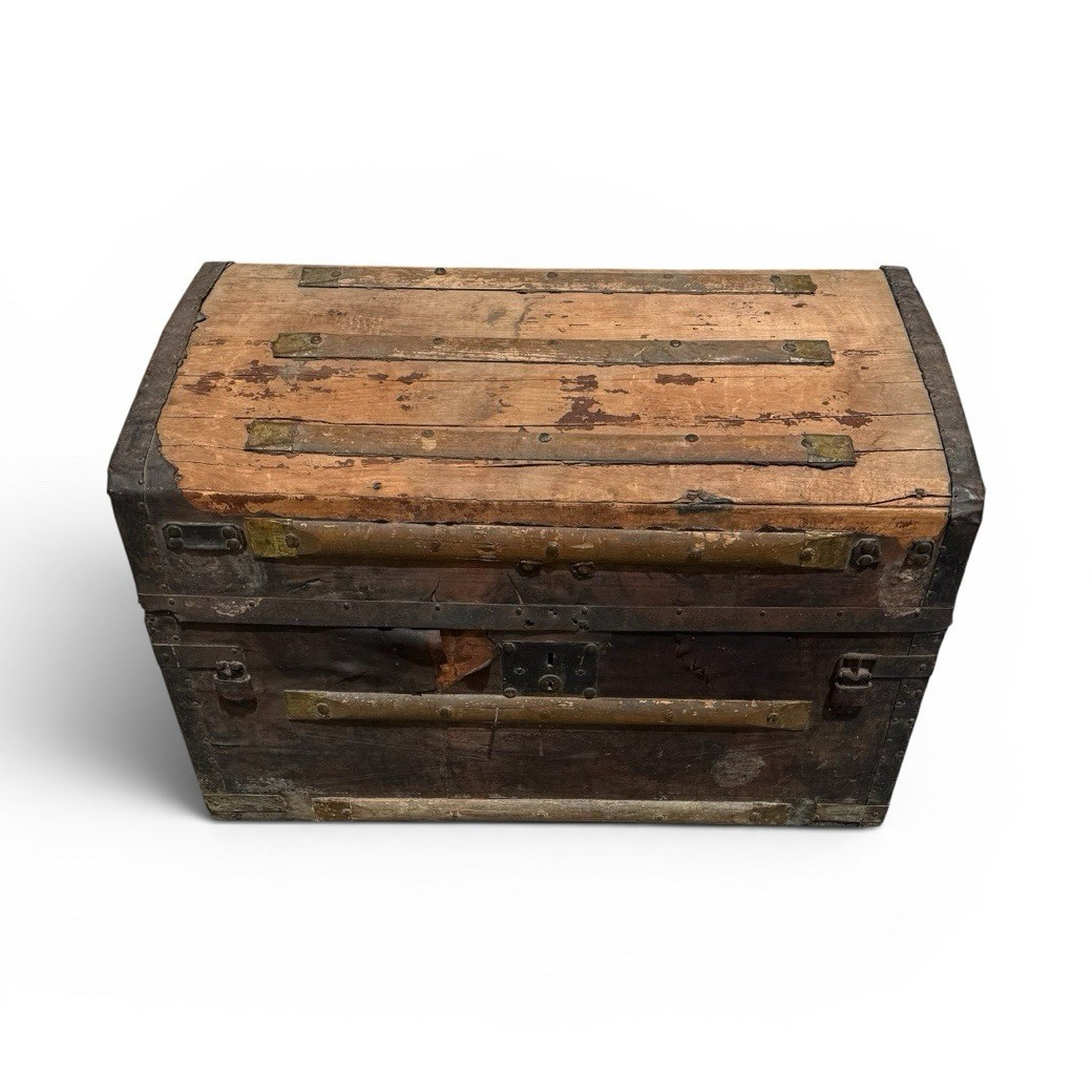 Antique Dome-Top Wooden Travel Trunk Chest w/ Metal Straps, Antique Hardware