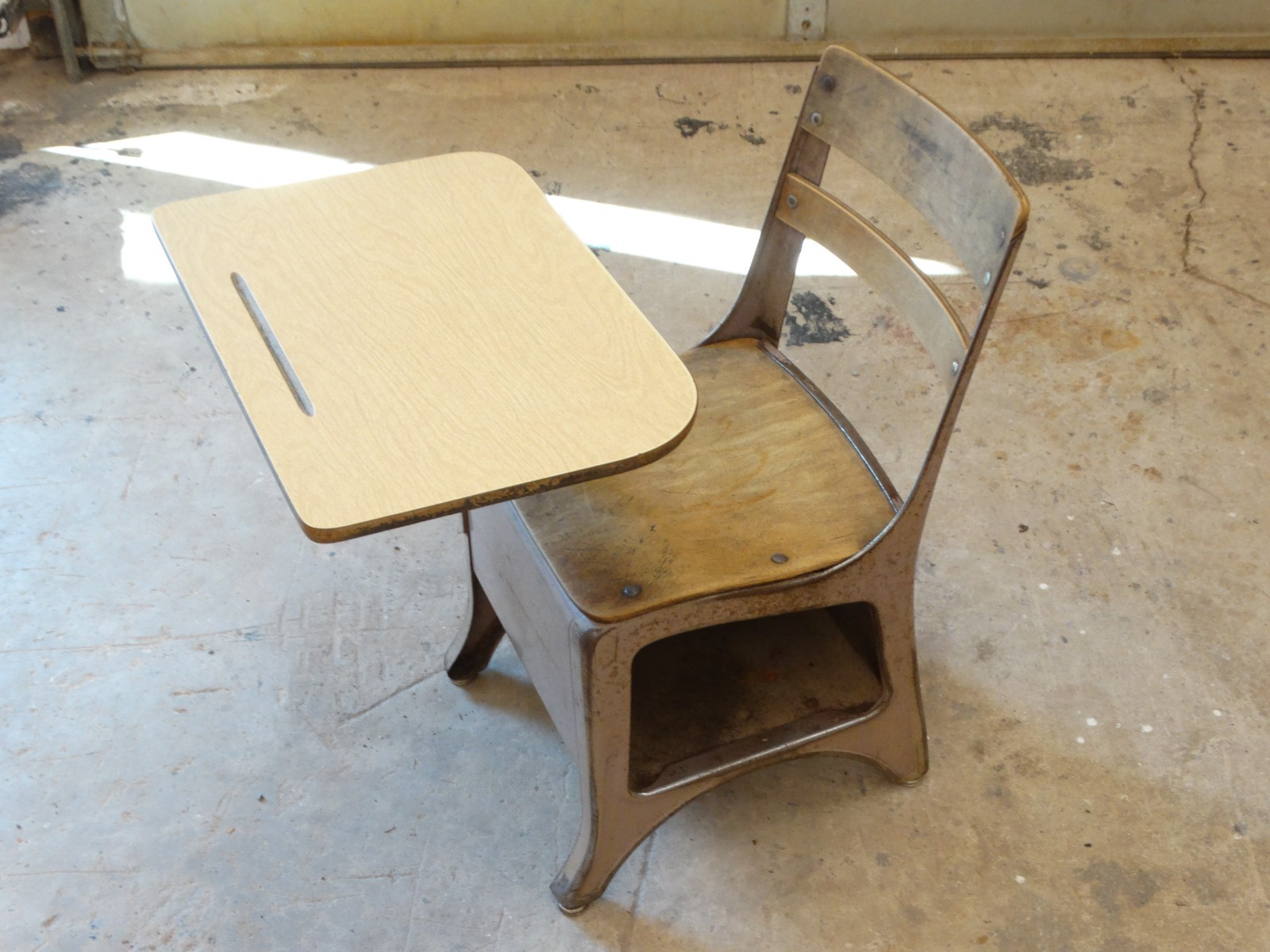 Vintage 1950’s Industrial Students School Desk & Chair Combo w/ Cubby
