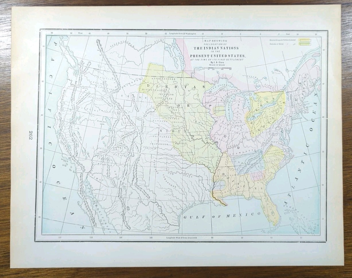 Vintage 1901 INDIAN NATIONS Map 14″x11″ Old Antique Original CHEROKEE COMANCHE
