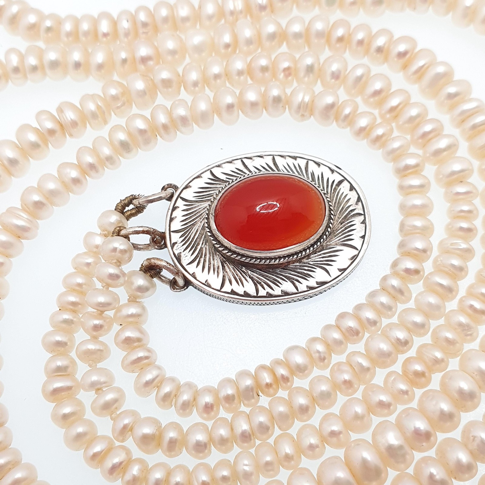 Antique Solid Silver Freshwater Pearl Necklace Large Carnelian Clasp Triple
