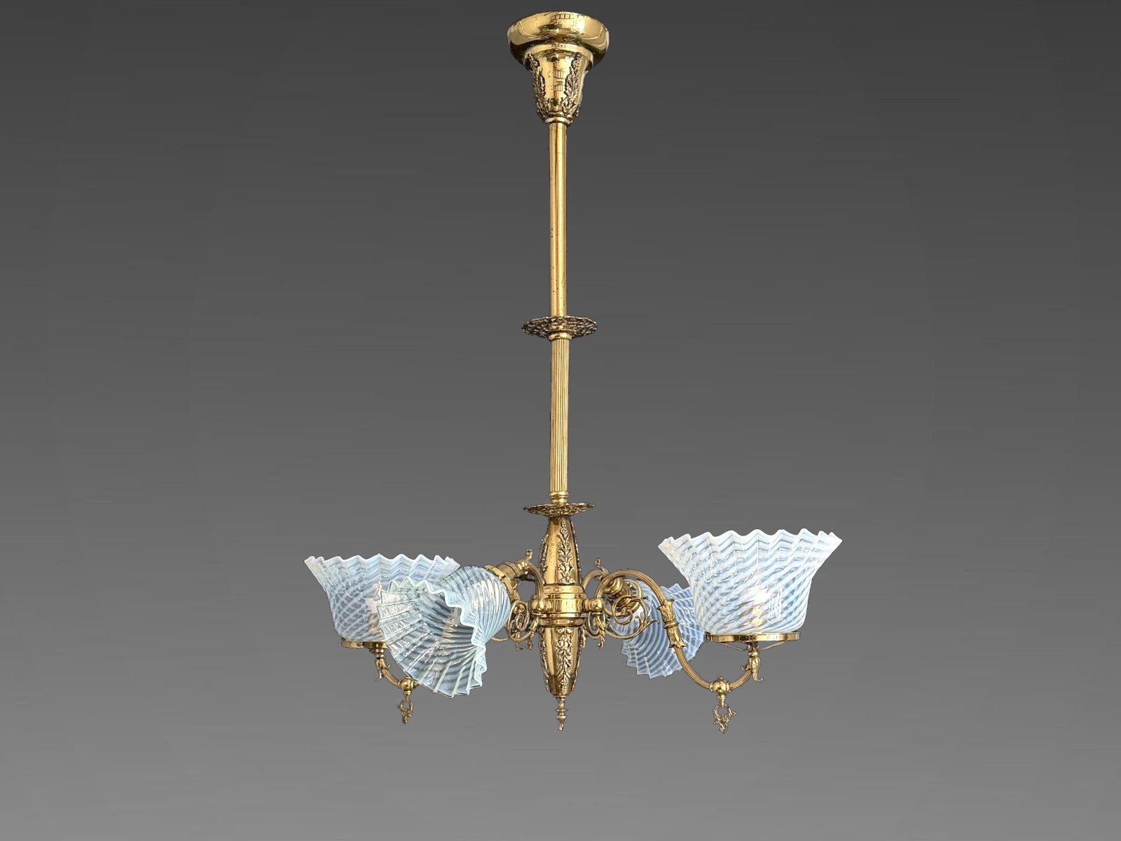 Antique Victorian Chandelier, White Swirled Glass Shades, Fenton Style Glass