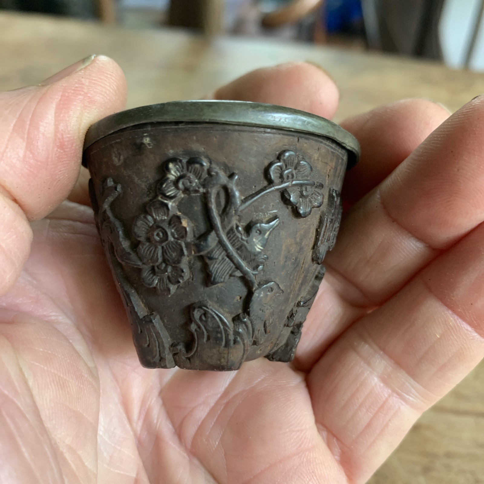 Well Carved Antique Chinese Wooden Wine Tea Cup Birds Flora w Metal Liner Signed