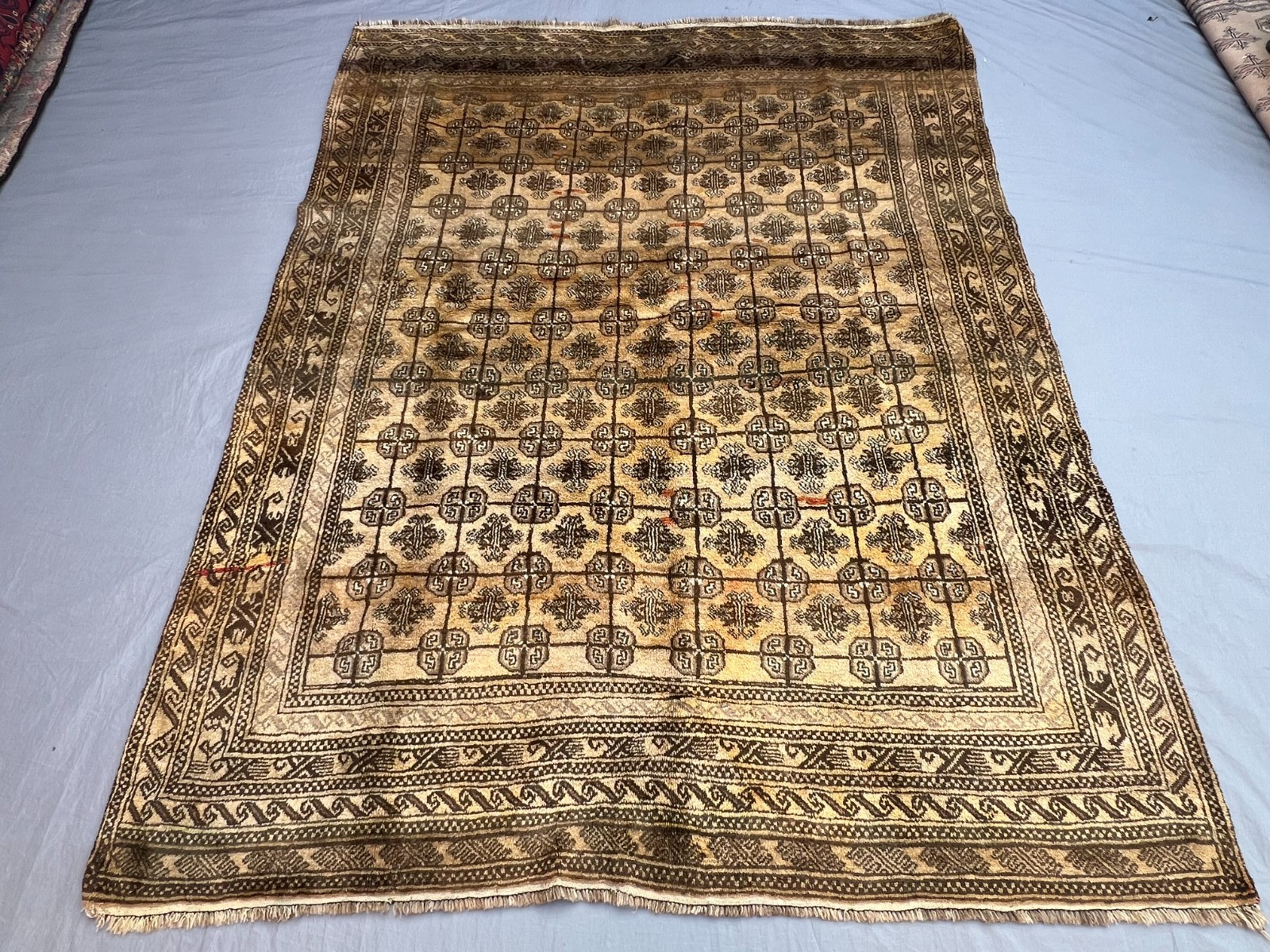 5’10×7’4 ft Turkoman Bokhara All-Over Gul Grid Handknotted Wool Vintage Rug
