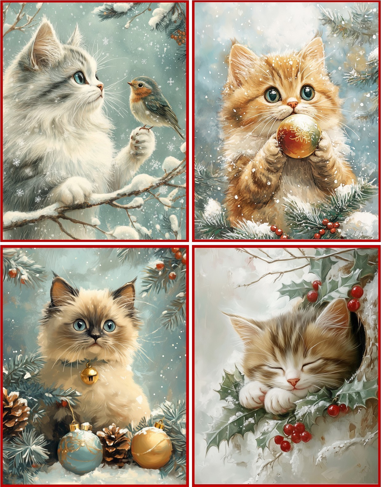8 Christmas Cat Kitten Vintage Victorian glossy blank card red envelopes set 1