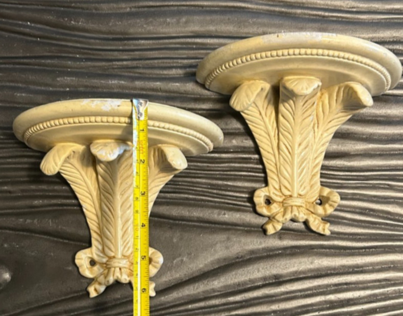 Pair Vintage PLASTER CHALKWARE CORBELS Wall Sconces Shelves Acanthus Rococo 7″
