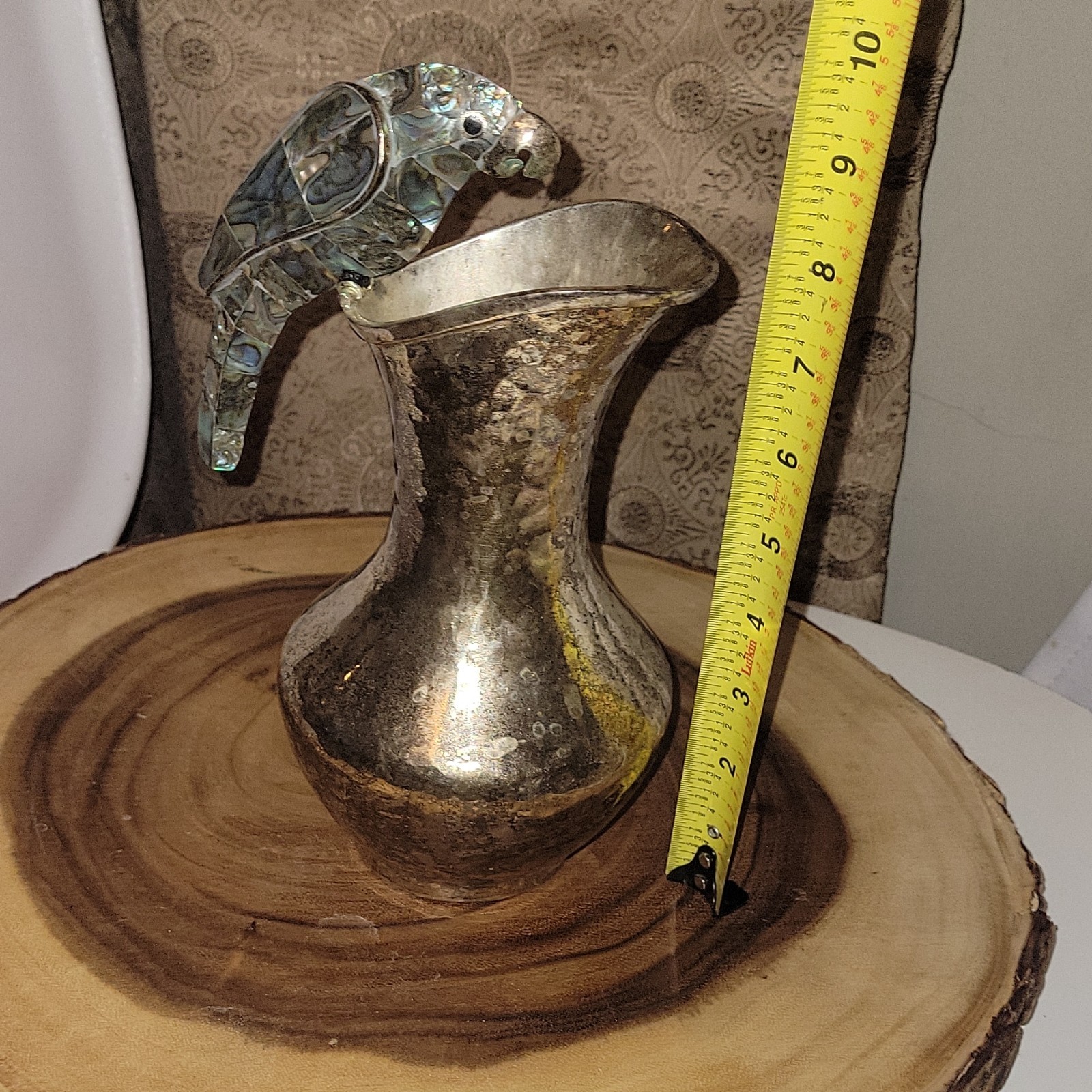 Vintage Los Fajardo Taxco Silver Plate Parrot Pitcher Abalone Inlay Mid Century