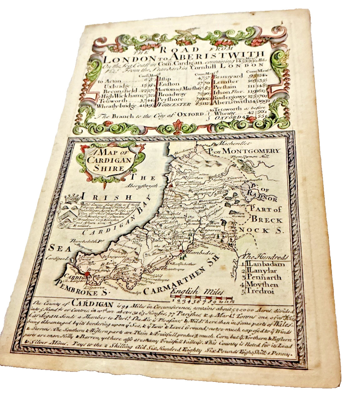 1675 John Ogilby Britannia Original Map Cardigan Shire plus London Route Strip