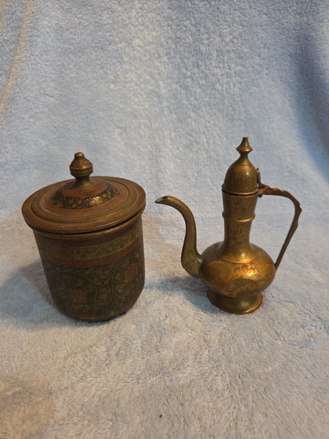 Vintage Middle Eastern Handmade Brass Teapot/lighter. Etched/painted Brass Urn.