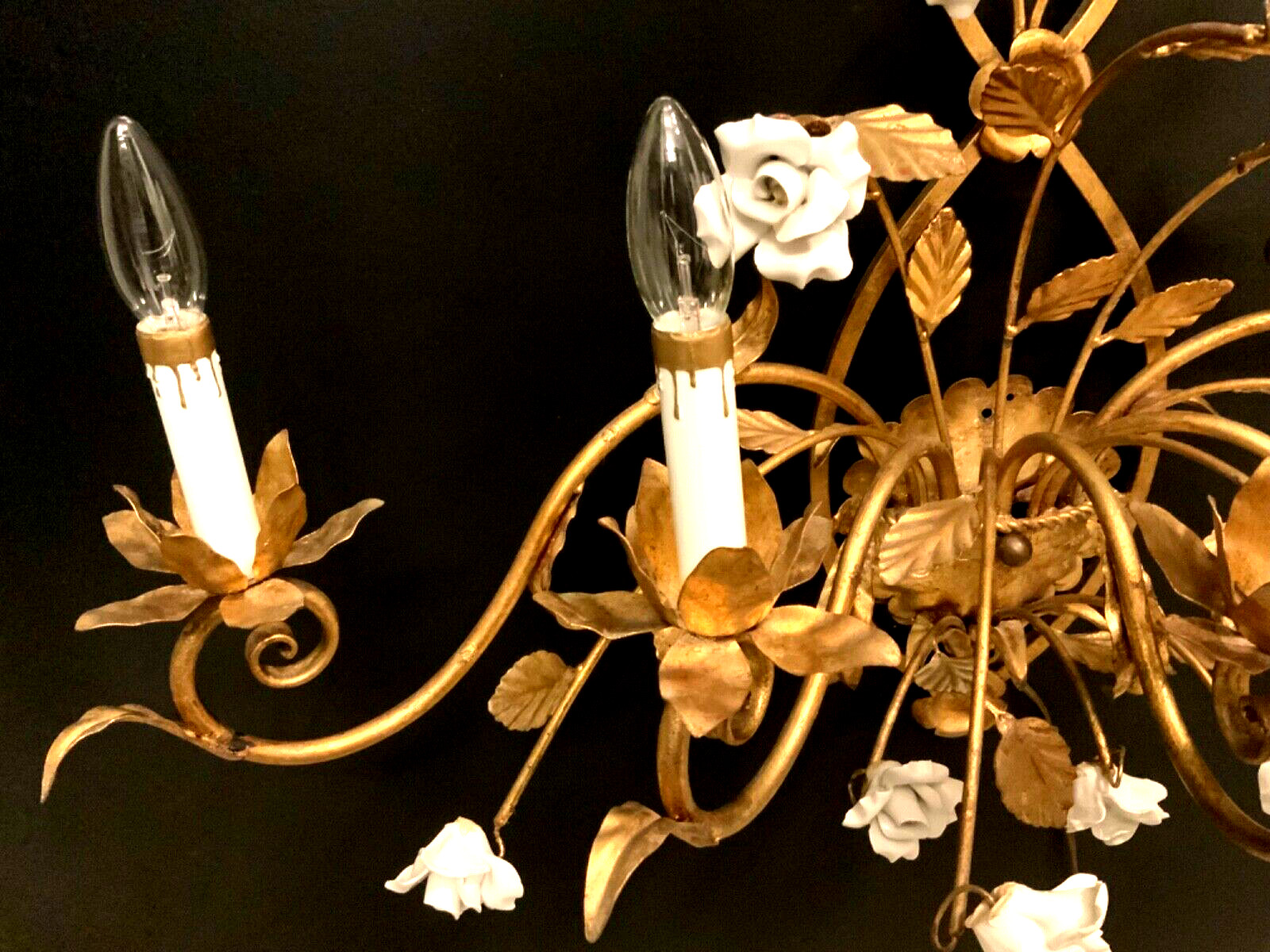 VTG ITALIAN Gold Gilt White PORCELAIN Roses Wall 5 Light SCONCE Stunning Quality