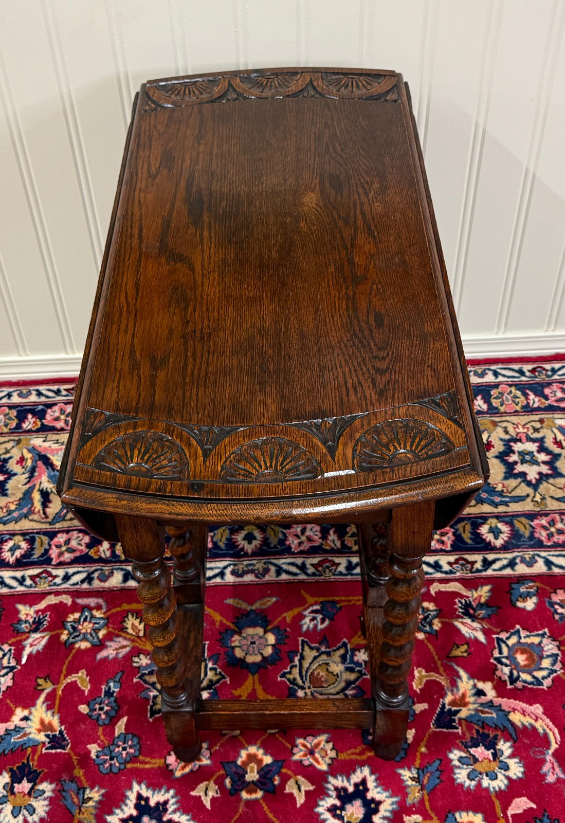 Antique English Table Drop Leaf Gateleg CARVED TOP Barley Twist Oak c. 1920-30s