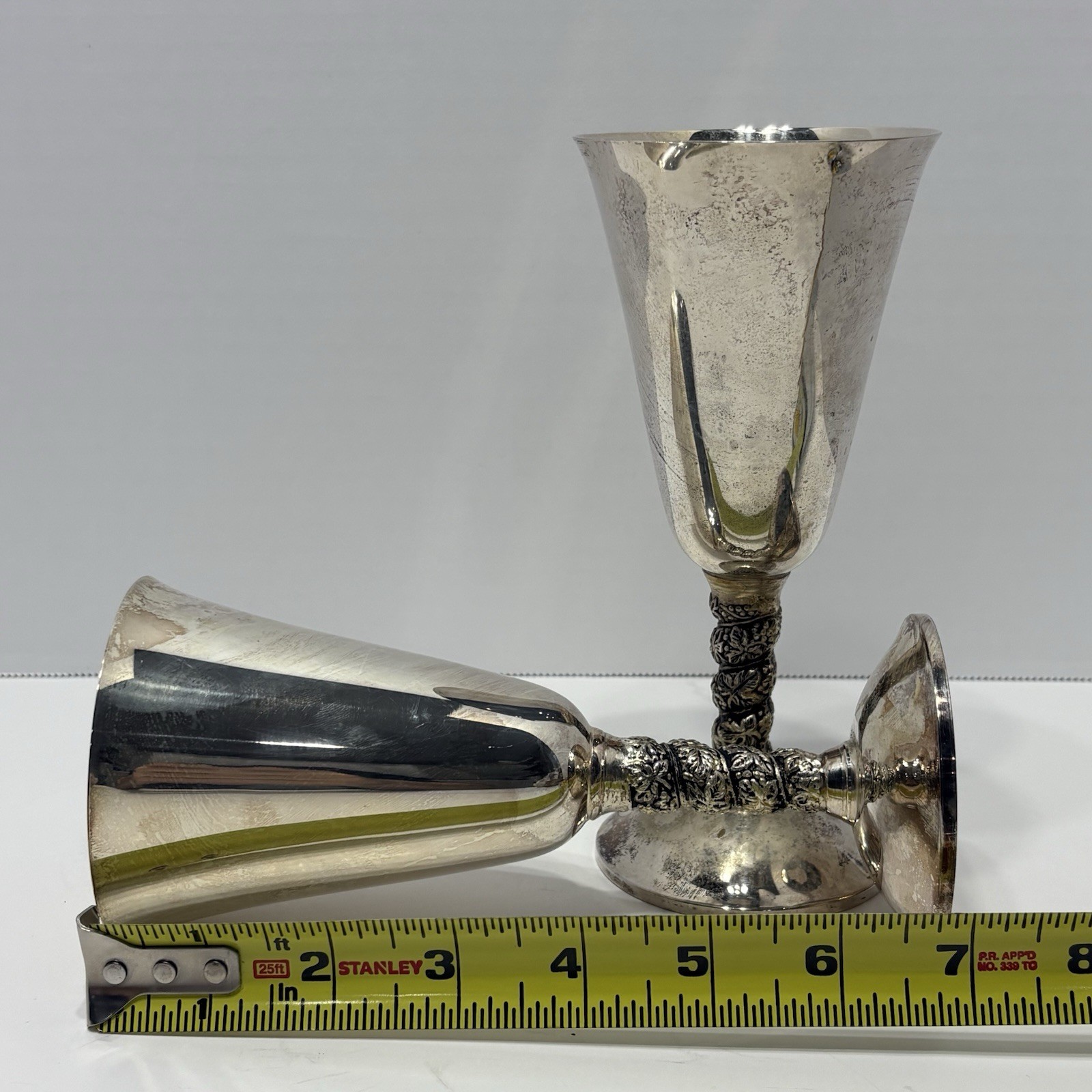 2x Plator Spain Silver Grapevine Twist Stem Vintage Goblets (1 has a crack)