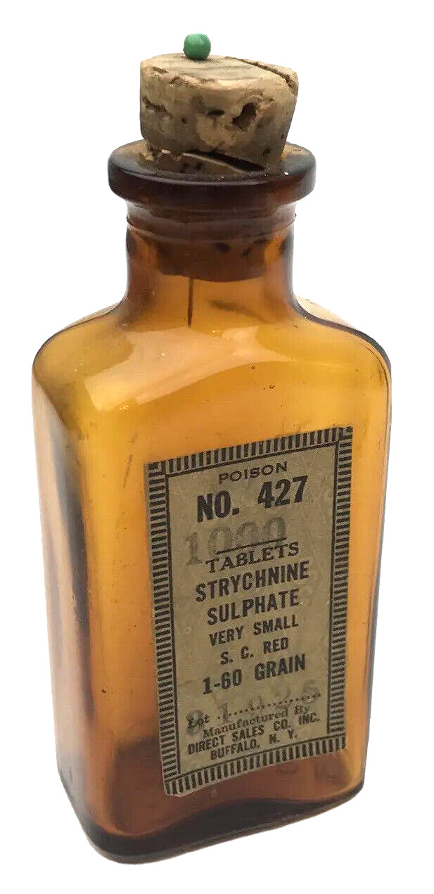 Antique Apothecary Pharmacy Amber Glass Bottle Poison Paper Label Cork Empty USA