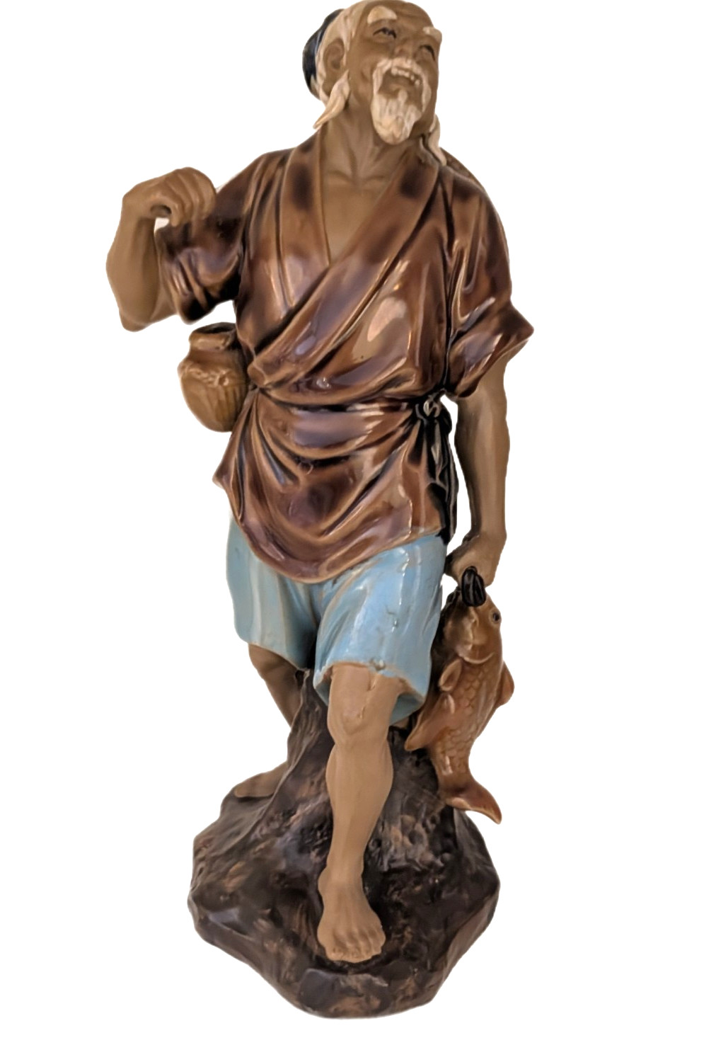 Vintage Shiwan Fisherman Figurine – Chinese Mudman Ceramic Sculpture
