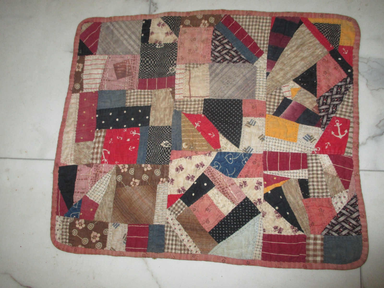 ANTIQUE QUILT DOLL BED TABLE SQ 17″ x 14″ HANDMADE CRAZY COTTON CALICO’s 115 pcs