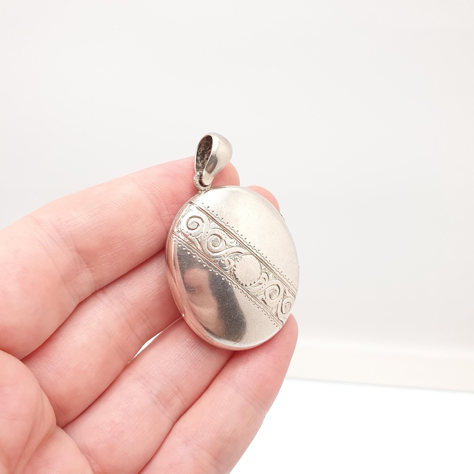 Antique Victorian Solid Silver Locket Hand Engraved Band Oval Large Big Pendant