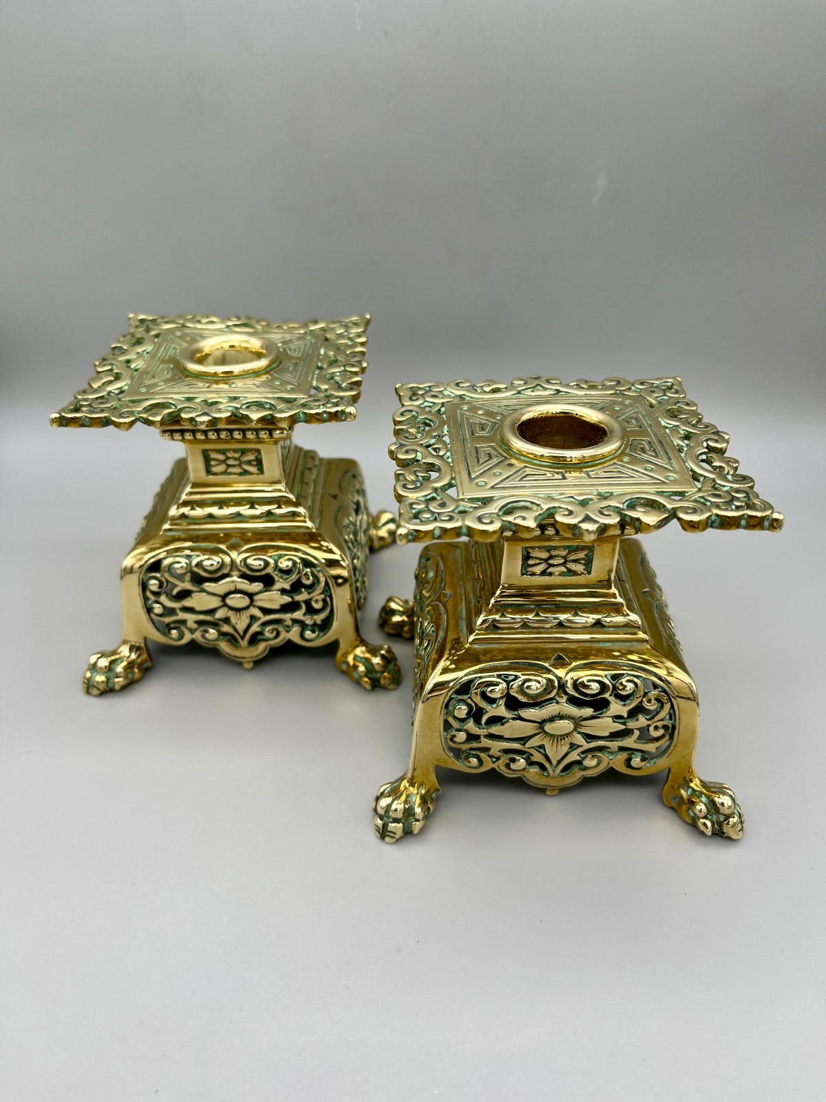 PAIR OF VICTORIAN GILT BRASS CANDLESTICKS, BRITISH, c.1860s-90s