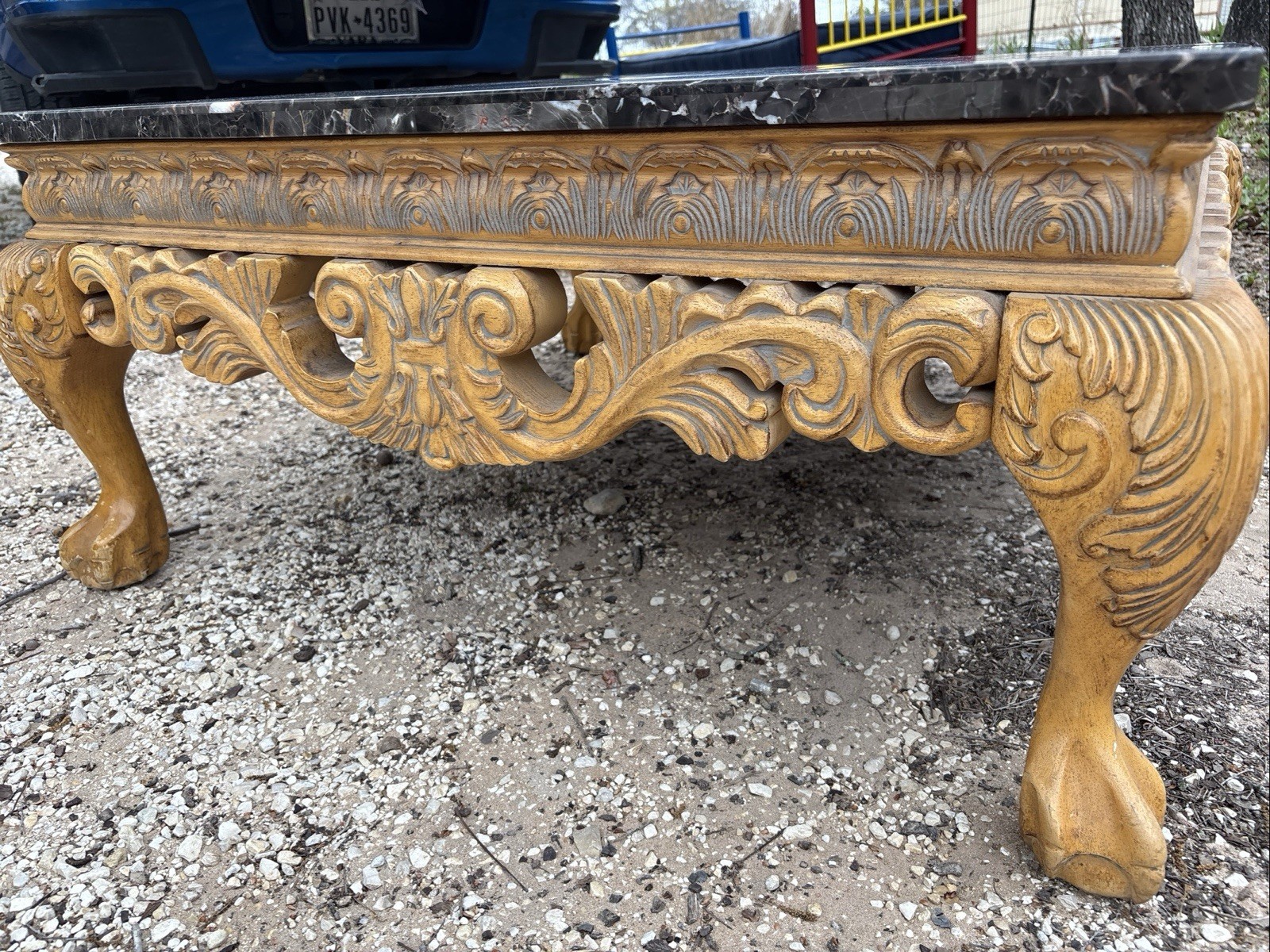 Baroque Style Marble Top Coffee Table with Ornate Carved Wood