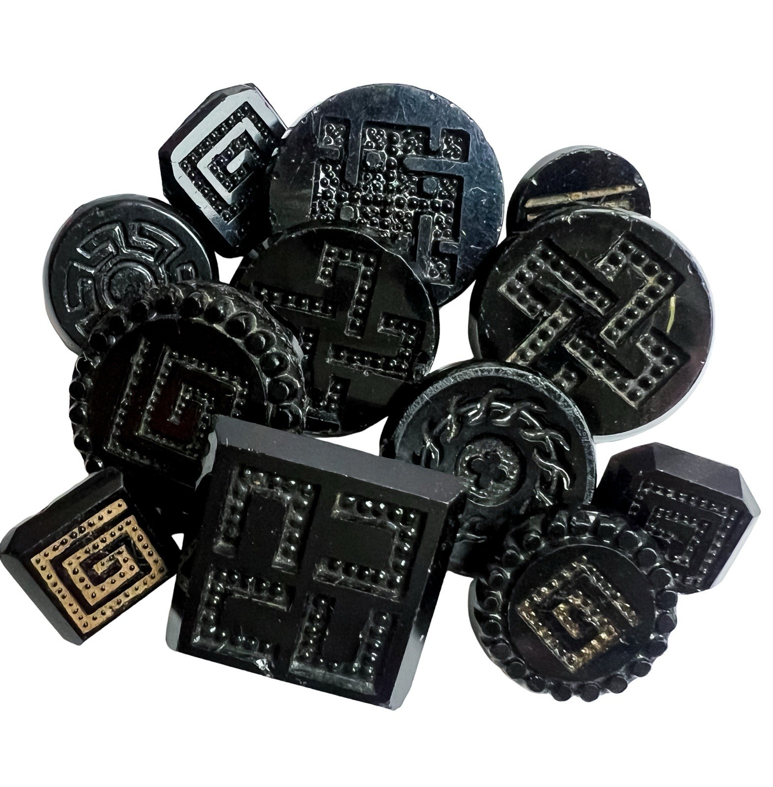 Antique Button Lot Black Glass Greek Key Pattern Pressed Square Unique Fancy