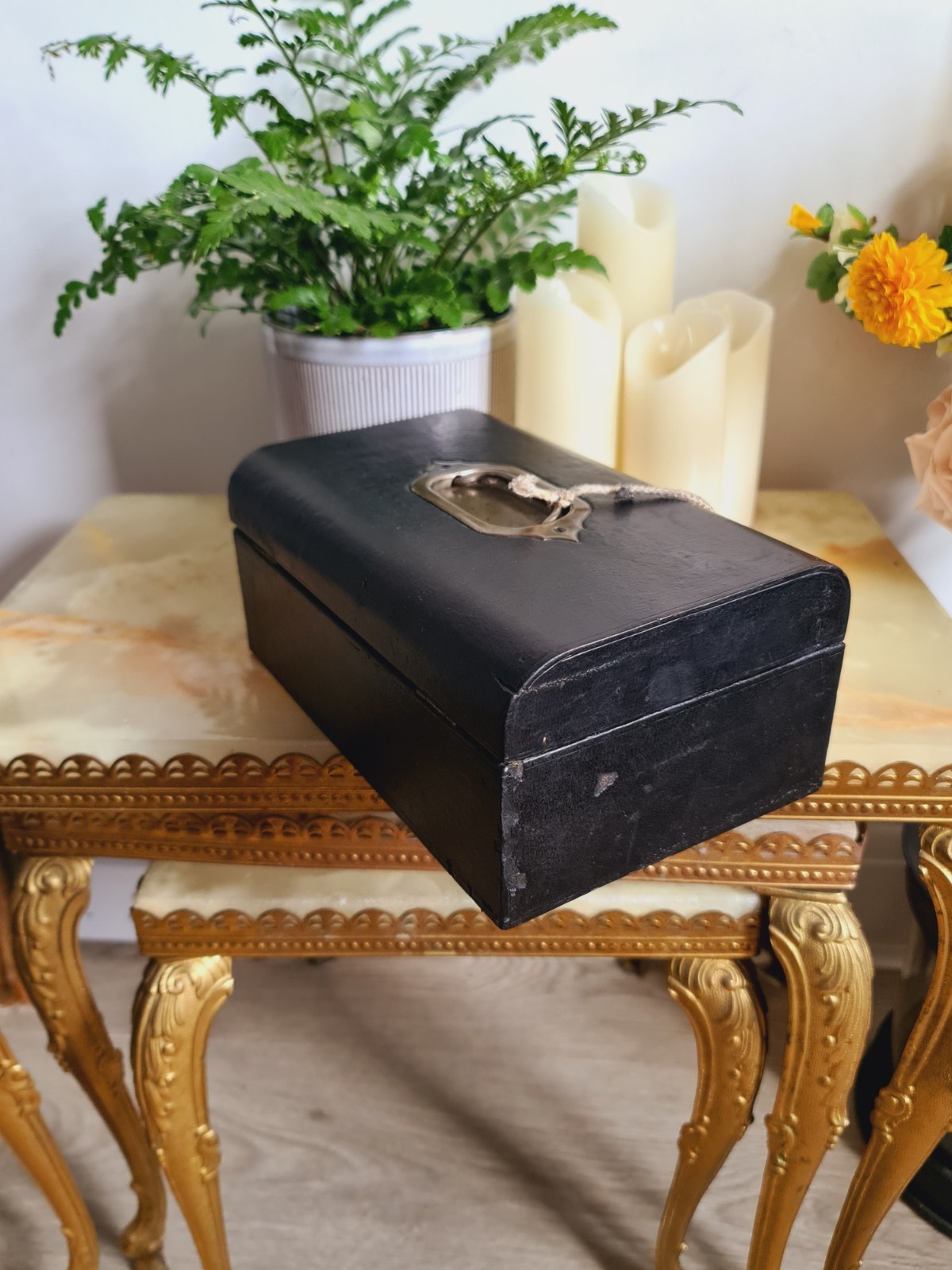 Antique Leather Trim Box Jewellery Trinket Case Victorian Black with Key