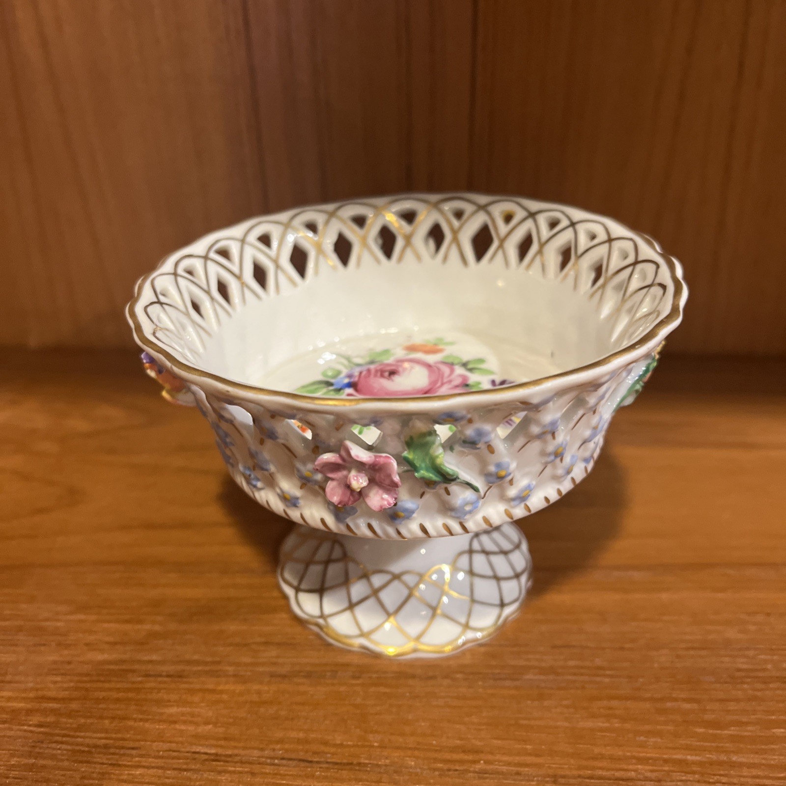 Dresden Carl Thieme Reticulated Porcelain Footed Bowl Raised Flowers Circa 1900