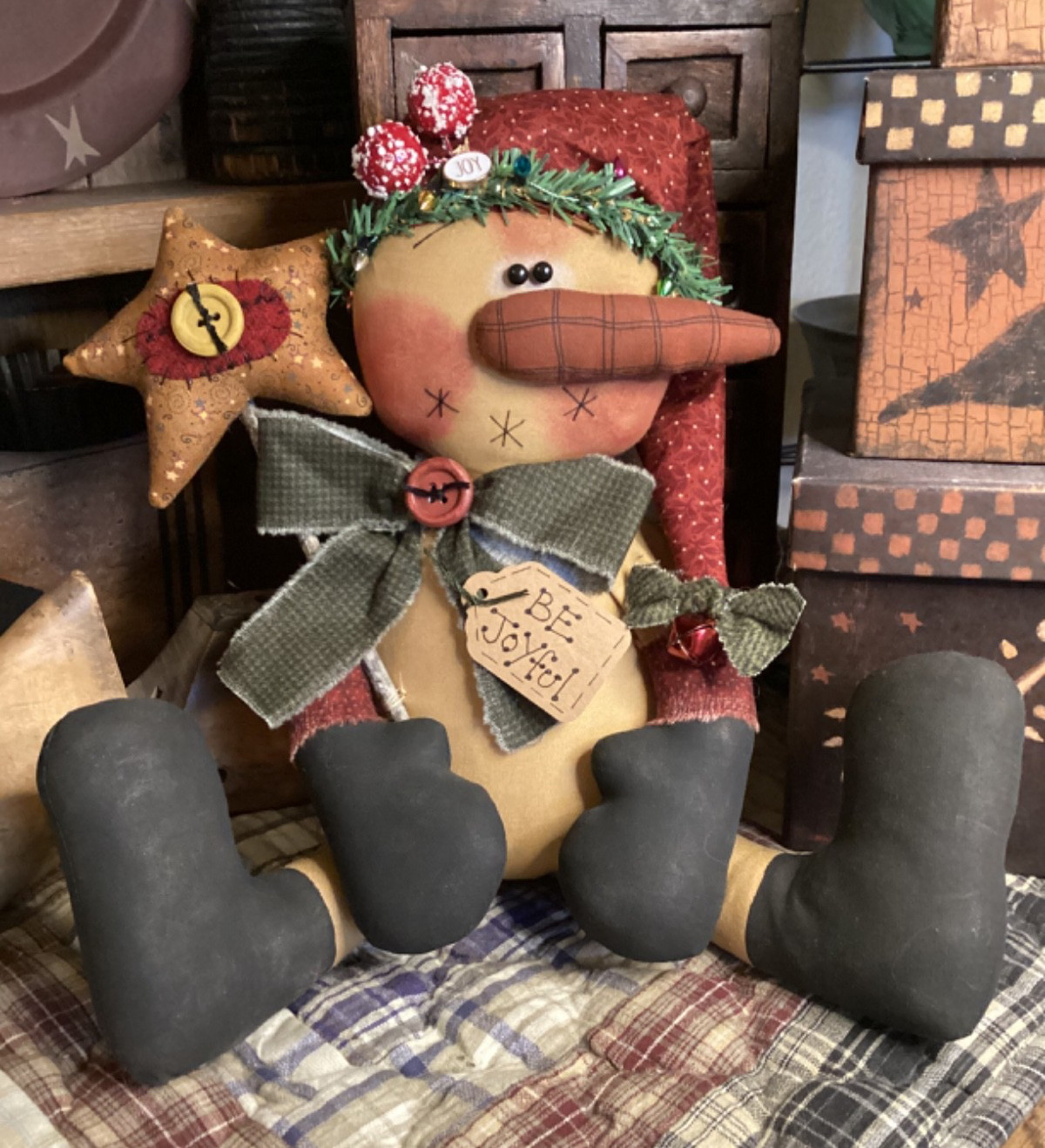 Primitive SNOWMAN DOLL & STAR Handmade OOAK Signed/Dated THREADBARE PRIMITIVES