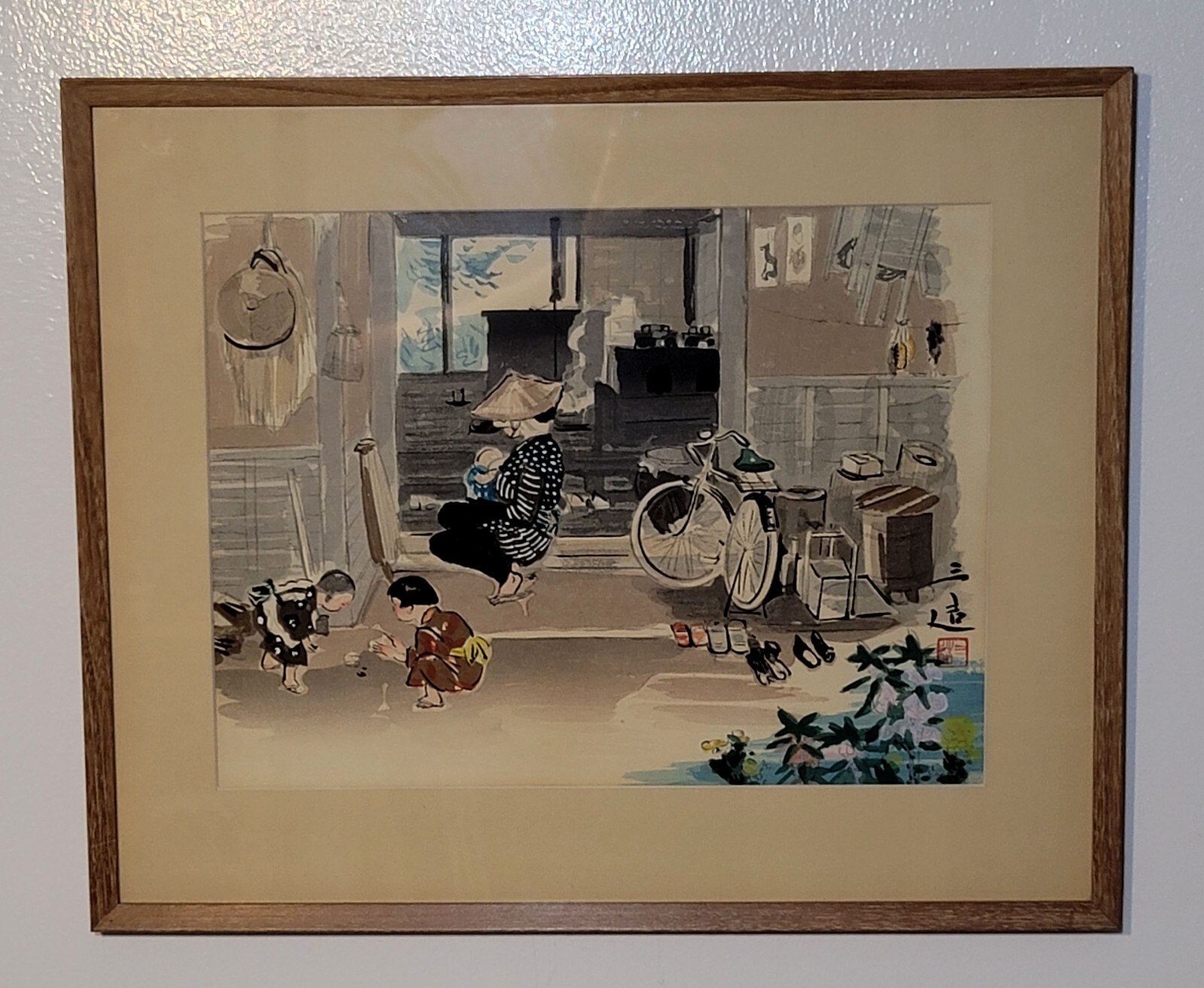 Japanese Woodblock Print ” Farm Family” by Sanzo Wada