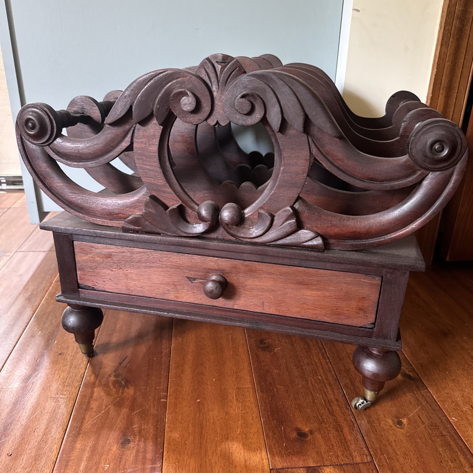 Antique Canterbury Victorian Magazine Sheet Music Rack Carved Walnut Brass Feet