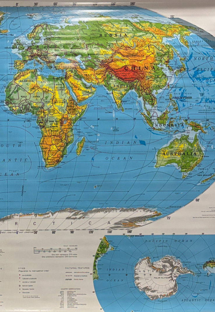 Pull Down School Maps 3 Layer World, U.S. Vintage, Salvage, Old, Antique.