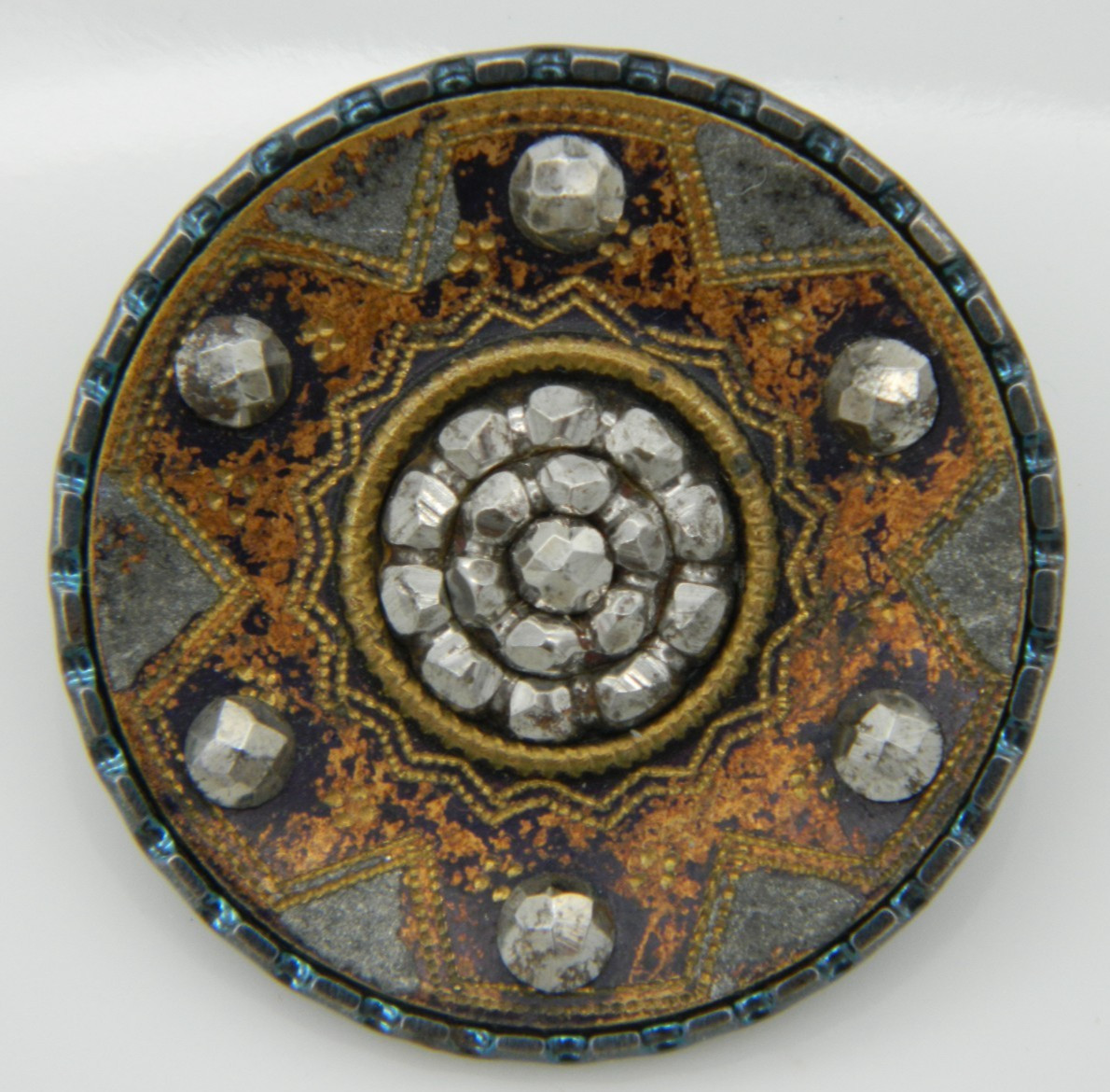 Antique Victorian Button Brass & Cut Steel trims Blue Tints 1-1/8″