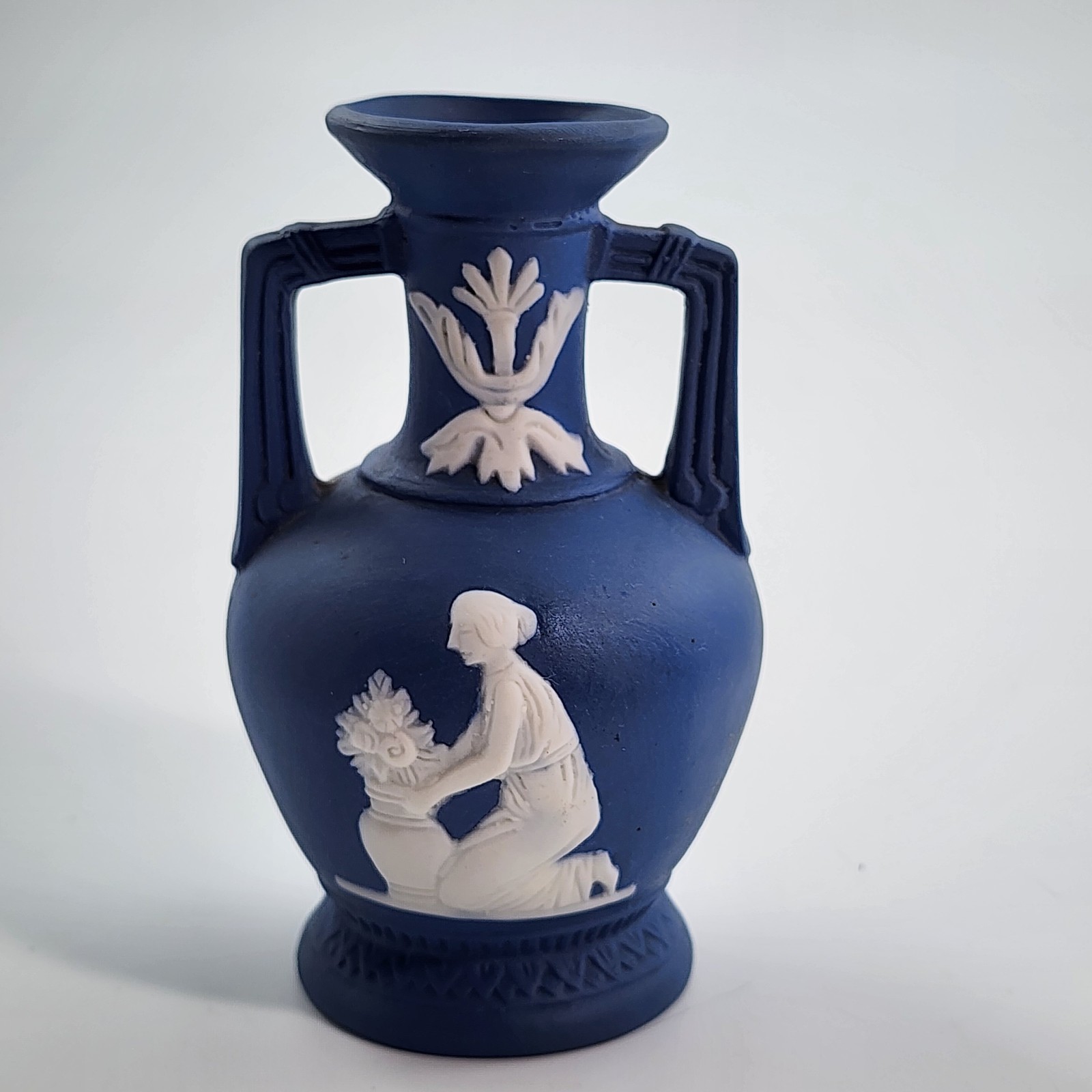 Wedgwood Style Jasperware Miniature Bud Vase Lady W/Flowers Vintage Japan 3.5″ H
