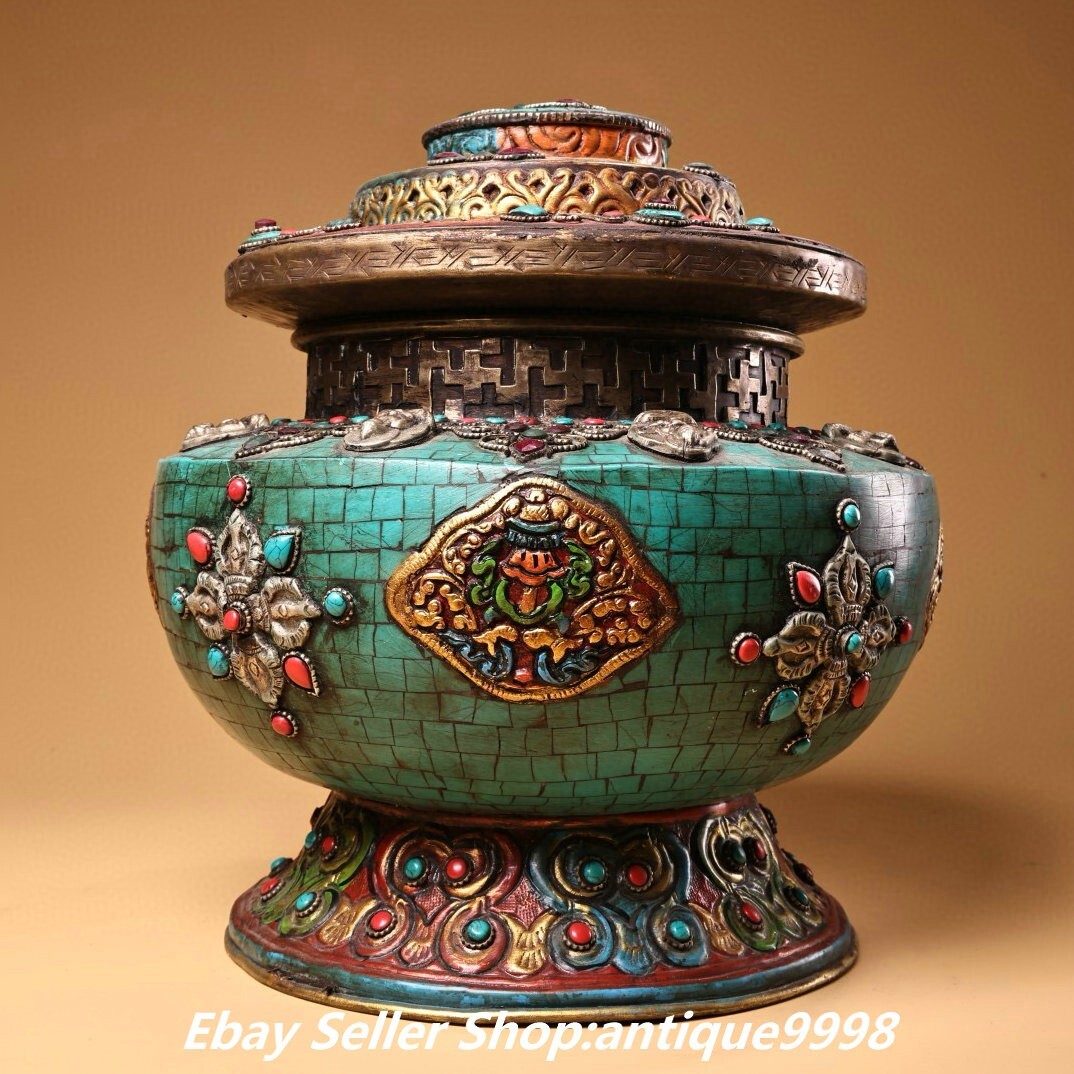 10.2″Pure Bronze Gilt Painting Inlay Turquoise 8 Auspicious Symbol Crock Pot Jar