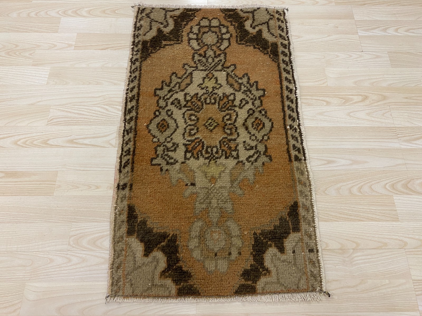 Antique Turkish Rug 1.6×2.8 ft Vintage Camel Olive Oushak Small Carpet Boho Mat