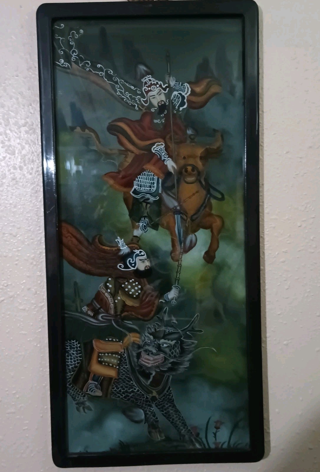 Vintage Early 1900’s Chinese Original Painting Reverse Glass Men Fighting Dragon