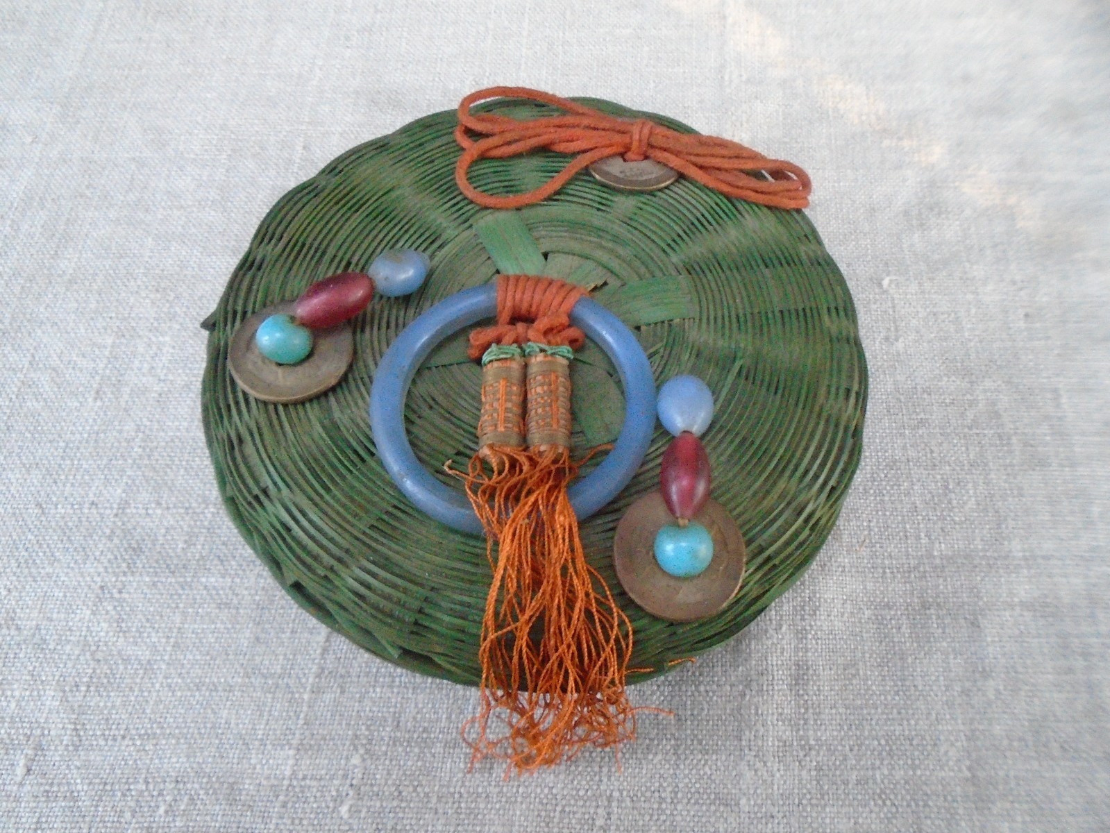 Antique Chinese Woven Sewing Basket 5 ” diameter Coins Glass Bead Tassel Ring