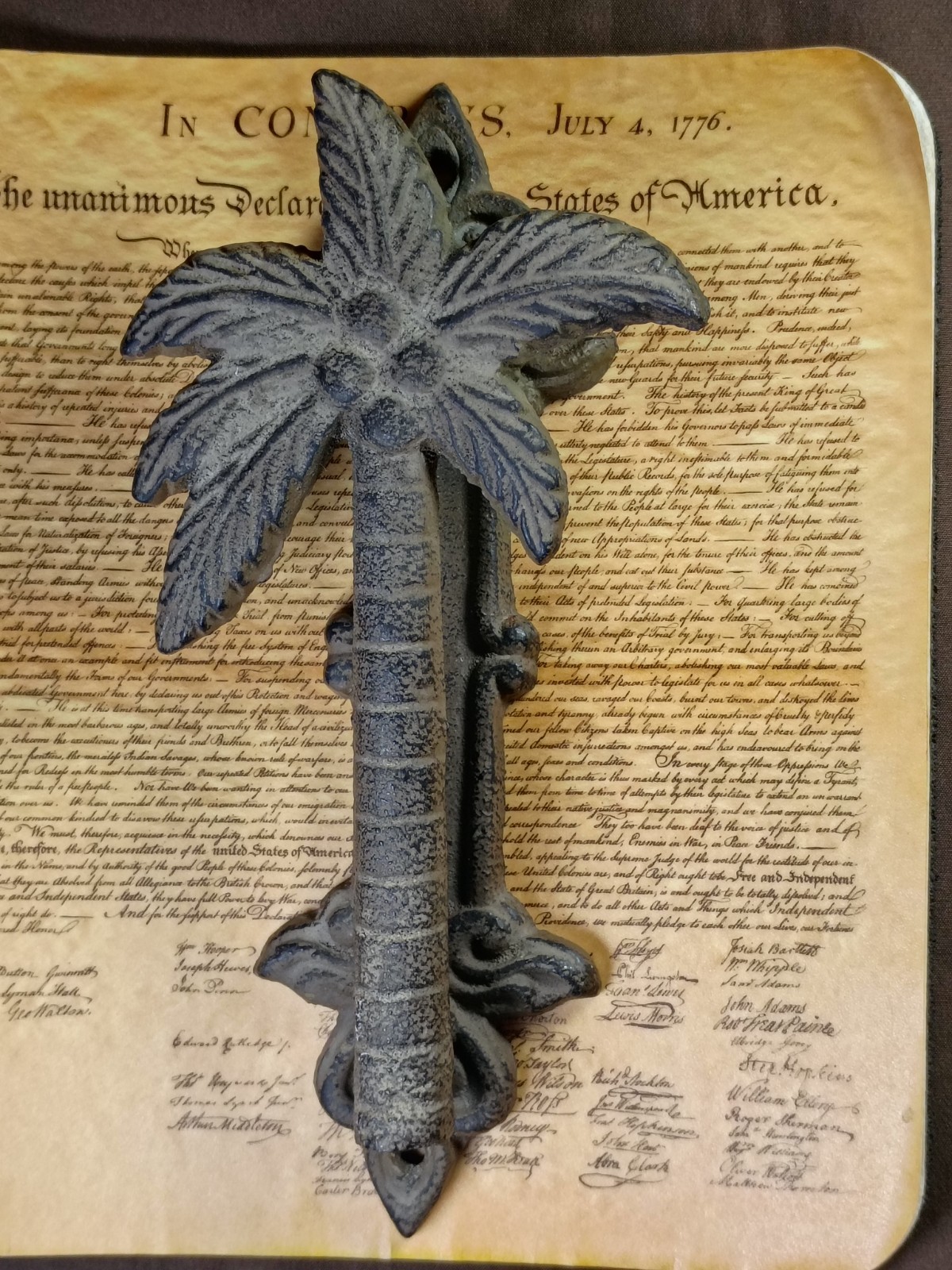 Cast Iron Palm Tree Door Knocker 9 Inch Antique Brass Brown Tropical Decor