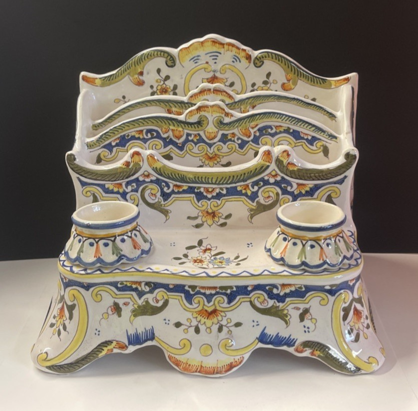 Antique French Ceramic Porcelain Letter Holder with Inkwells