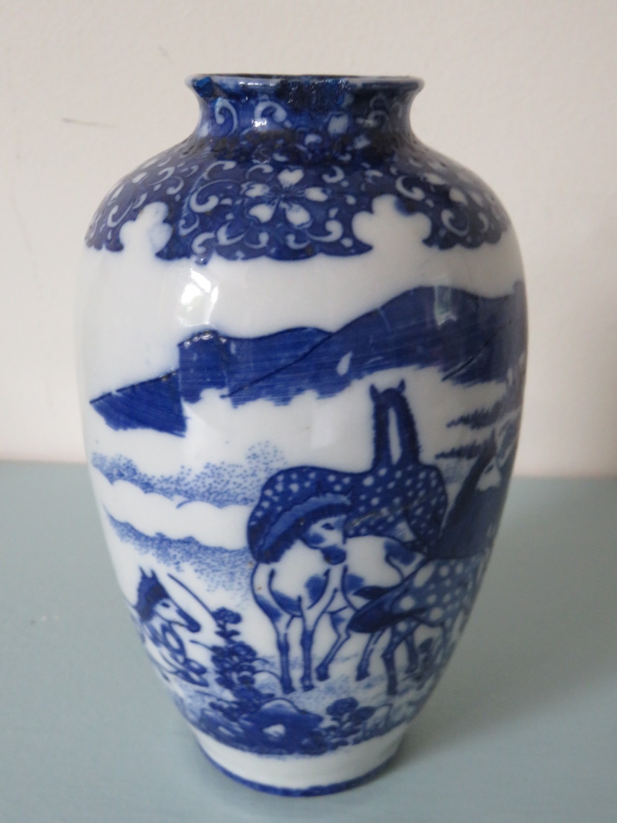 Vintage Blue and White Chinese Vase with Horses 16cm High