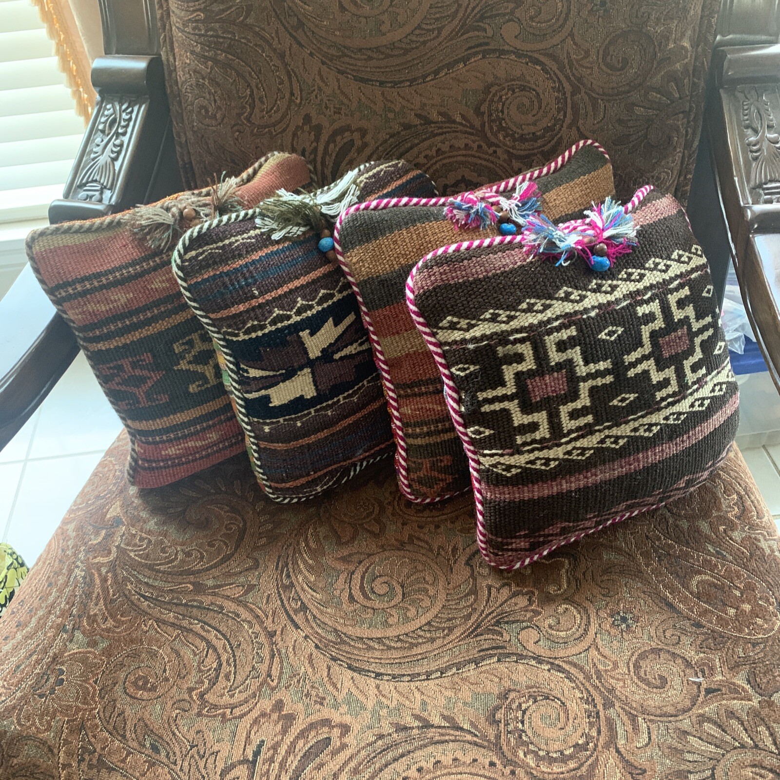 4 Kilim Rug Pillow Handknotted Woven Wool 10″x10″ Southwest Aztec Tribal Beads
