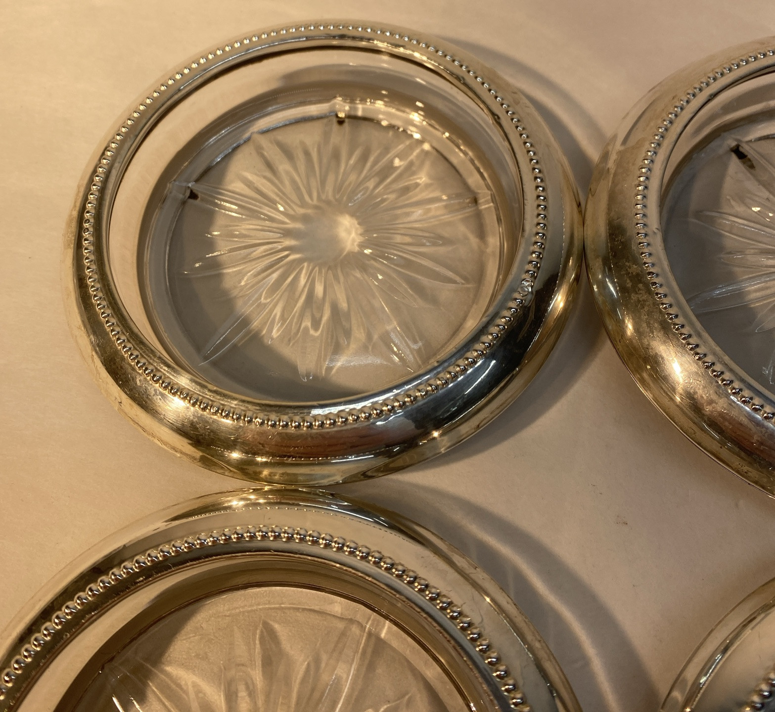 Vintage Frank M Whiting & Co Sterling Silver & Cut Glass Coasters Set of 4 BEAD