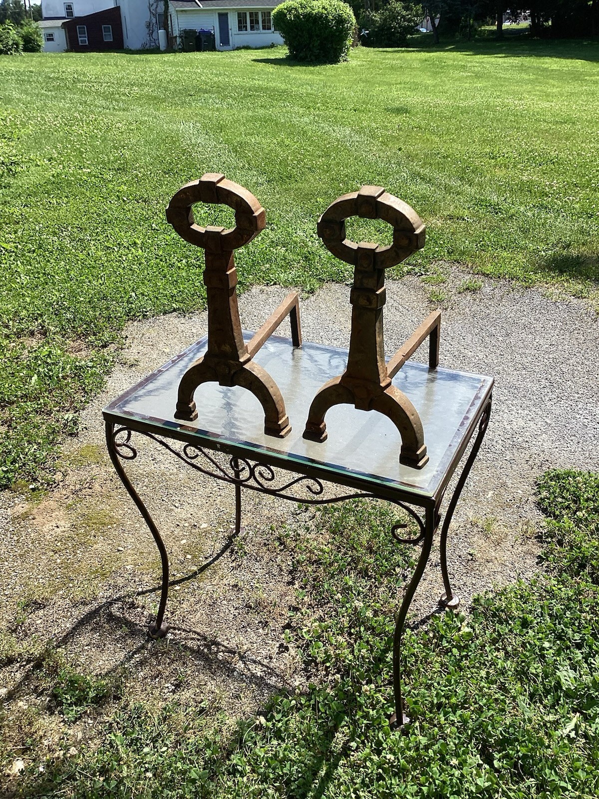 Vintage Hand Wrought Iron Fireplace Andirons Victorian Castle MCM