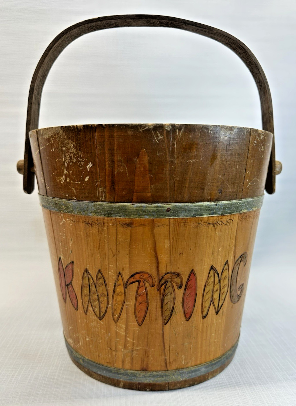Vintage Wood Stave Knitting Bucket Wooden Handle 10” Dia X 9 5/8” T Metal Hoops
