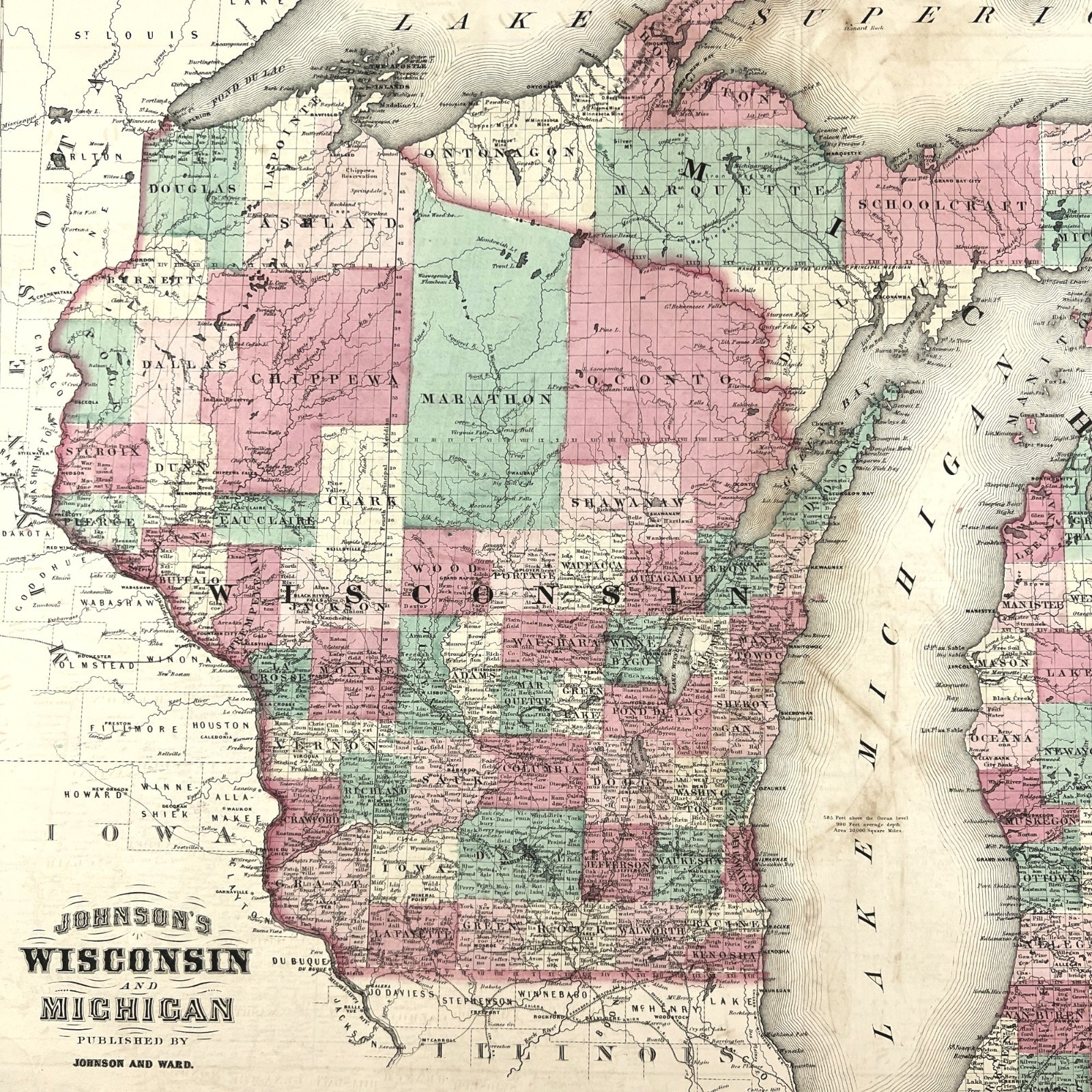 Original Antique 1864 Wisconsin Michigan Map Johnson Ward Civil War Era