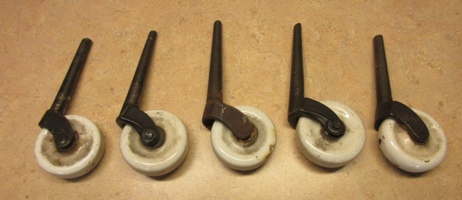 5 Antique Victorian Lt. 1800’s Long Porcelain Furniture Casters Cast Iron Stems