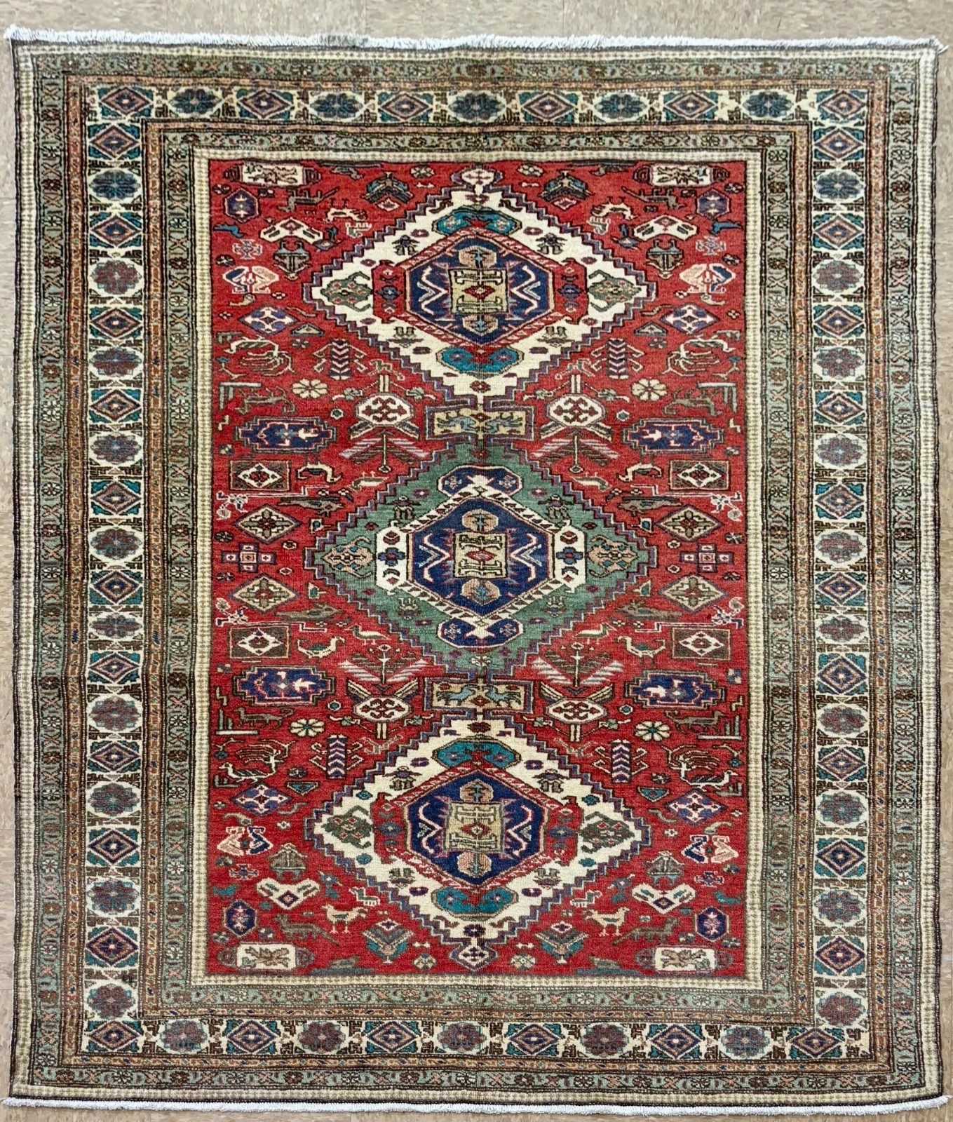 Vintage Ardebil Wool Area Rug 5×7 Red Hand Knotted Tribal Geometric Oriental