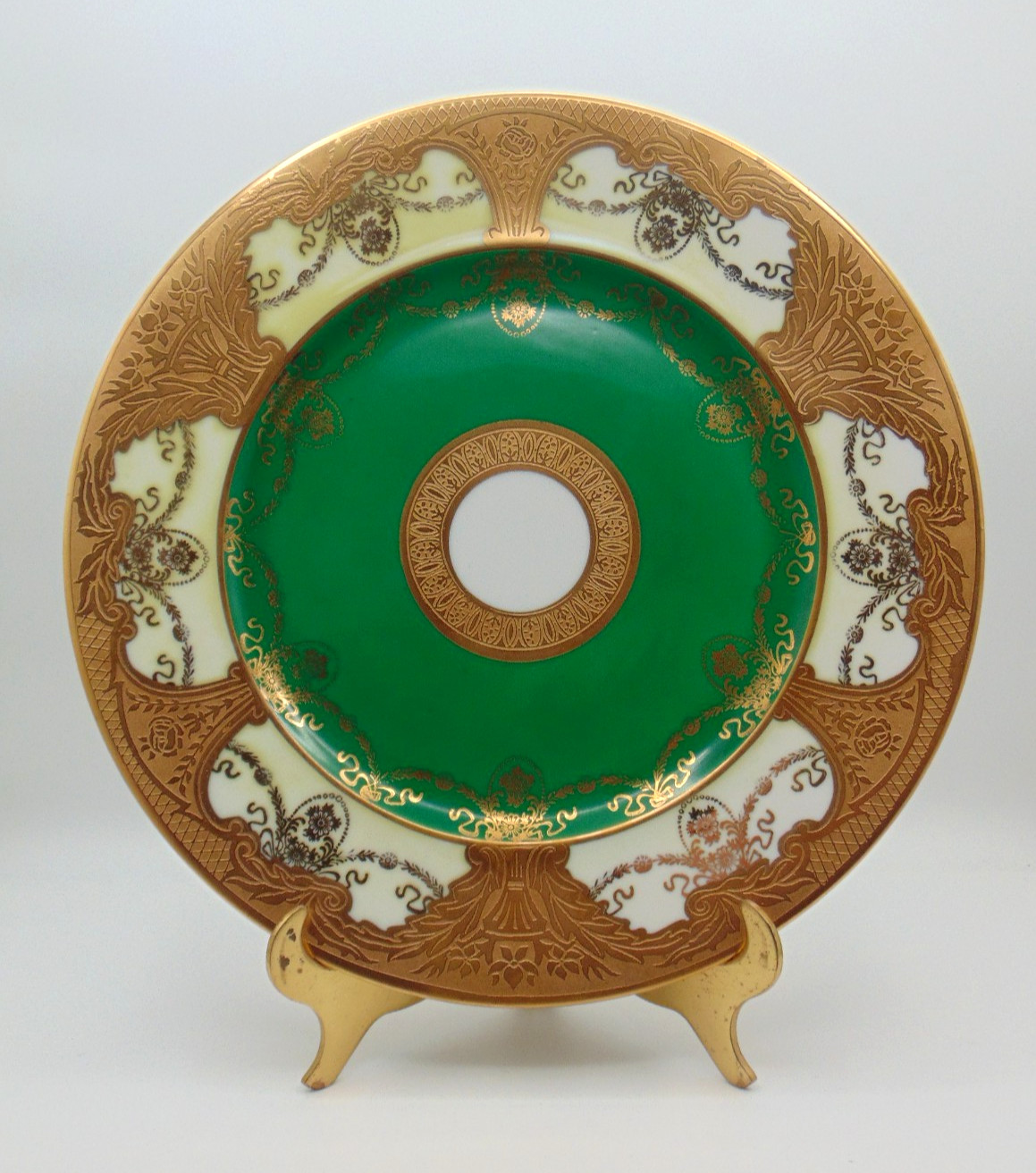 Antique English Mintons Emerald Green 24KT Encrusted Gold Porcelain Plate 151795