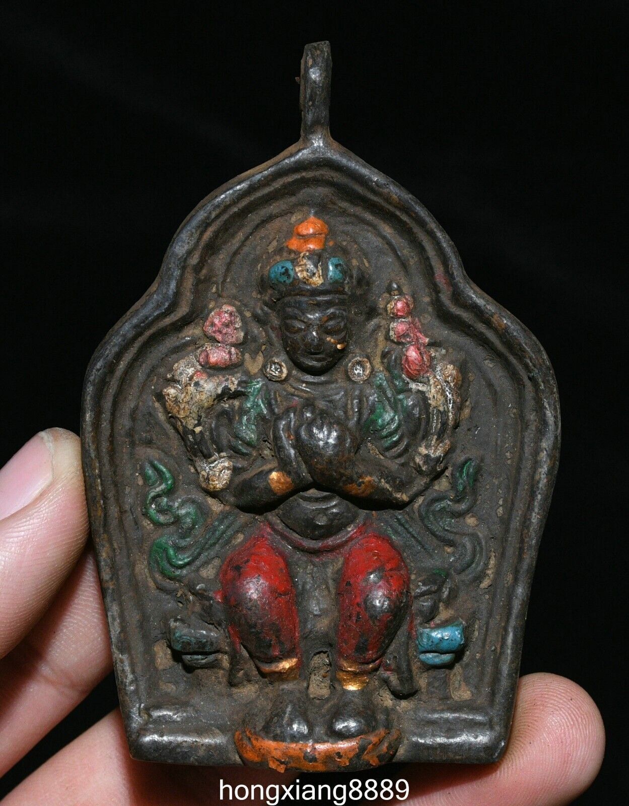 Old Nepal Bronze Painting Buddhism Maitreya Bodhisattva Buddha Amulet Pendant