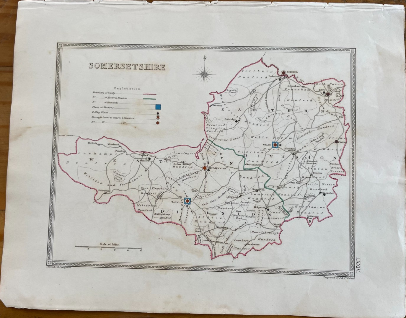 ANTIQUE COUNTY MAP OF SOMERSETSHIRE C1831 SAMUEL LEWIS ENG J&C WALKER COLOUR