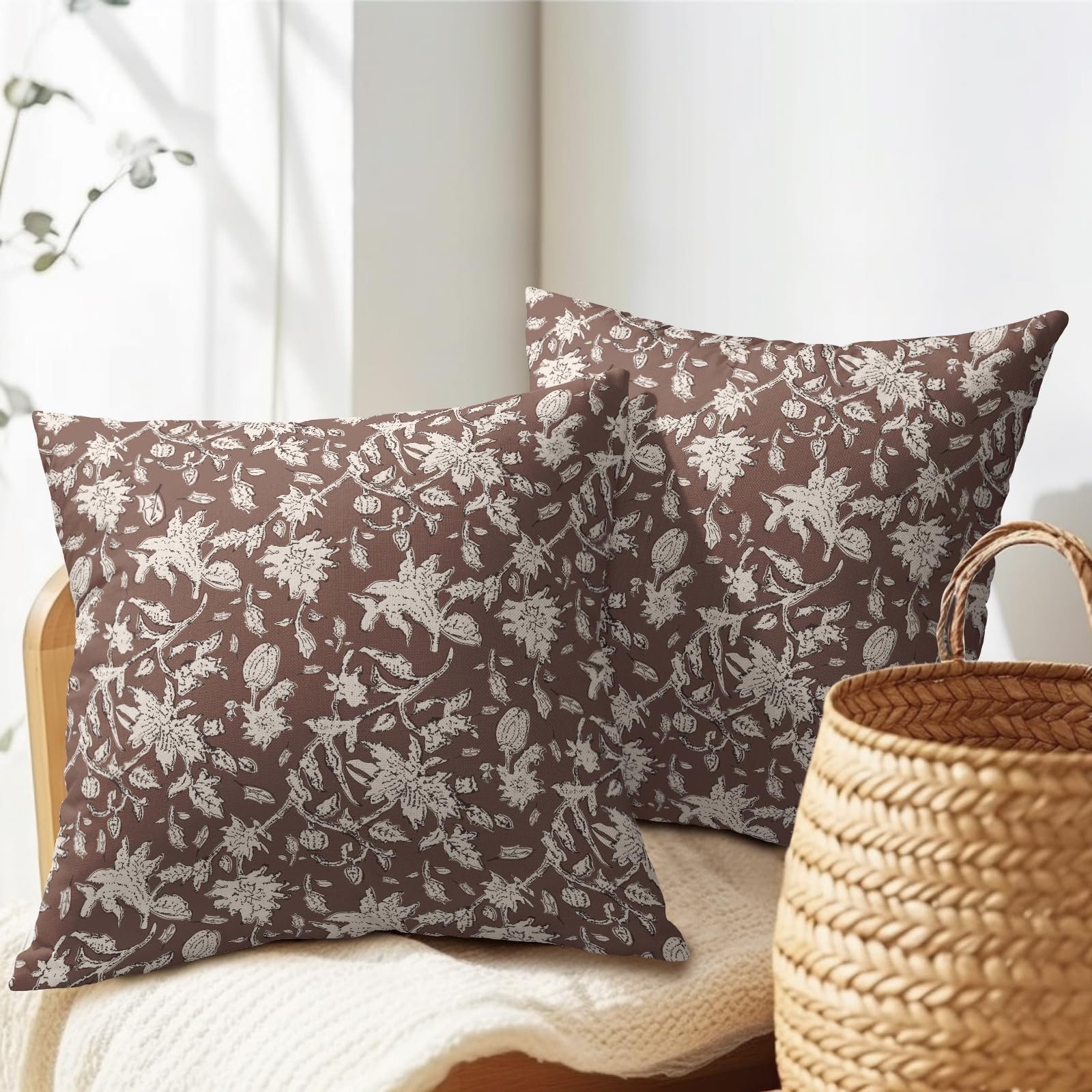 Reddish Brown Floral Block Print Throw Pillow Covers 18×18 Inch Set of 2 Vint…